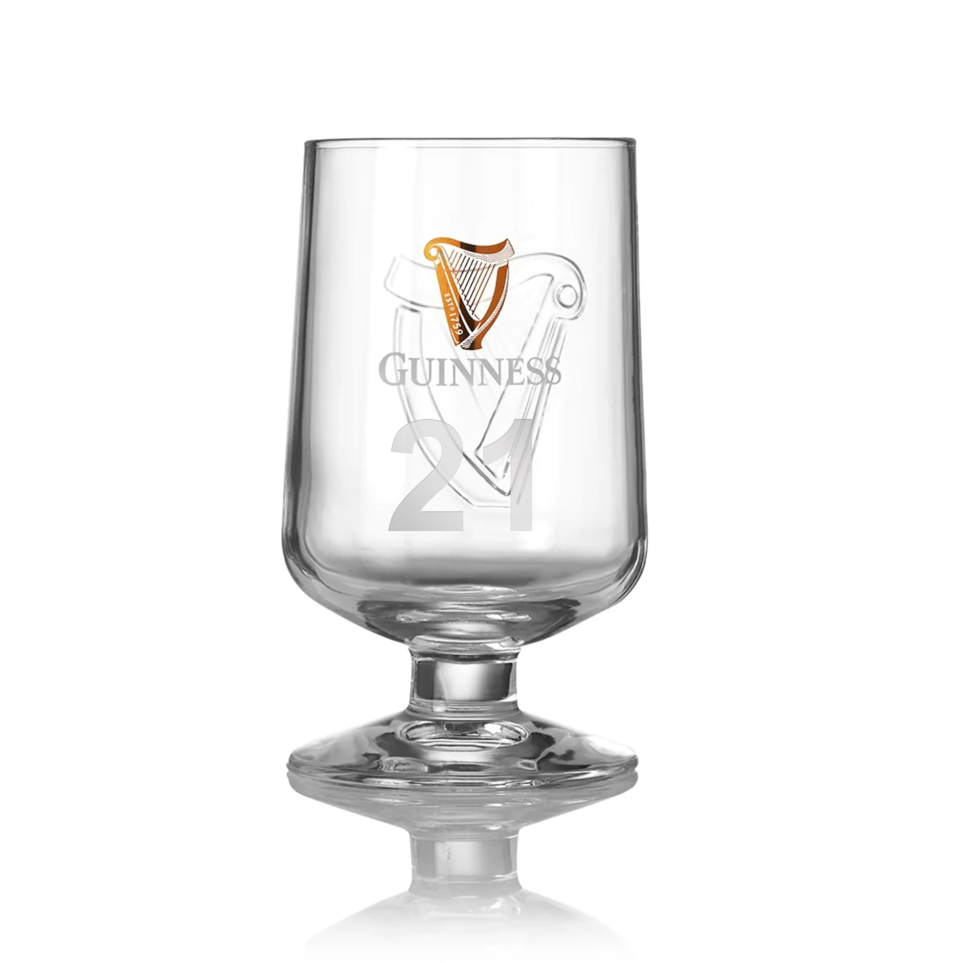 An embossed Guinness stem glass on a white background.