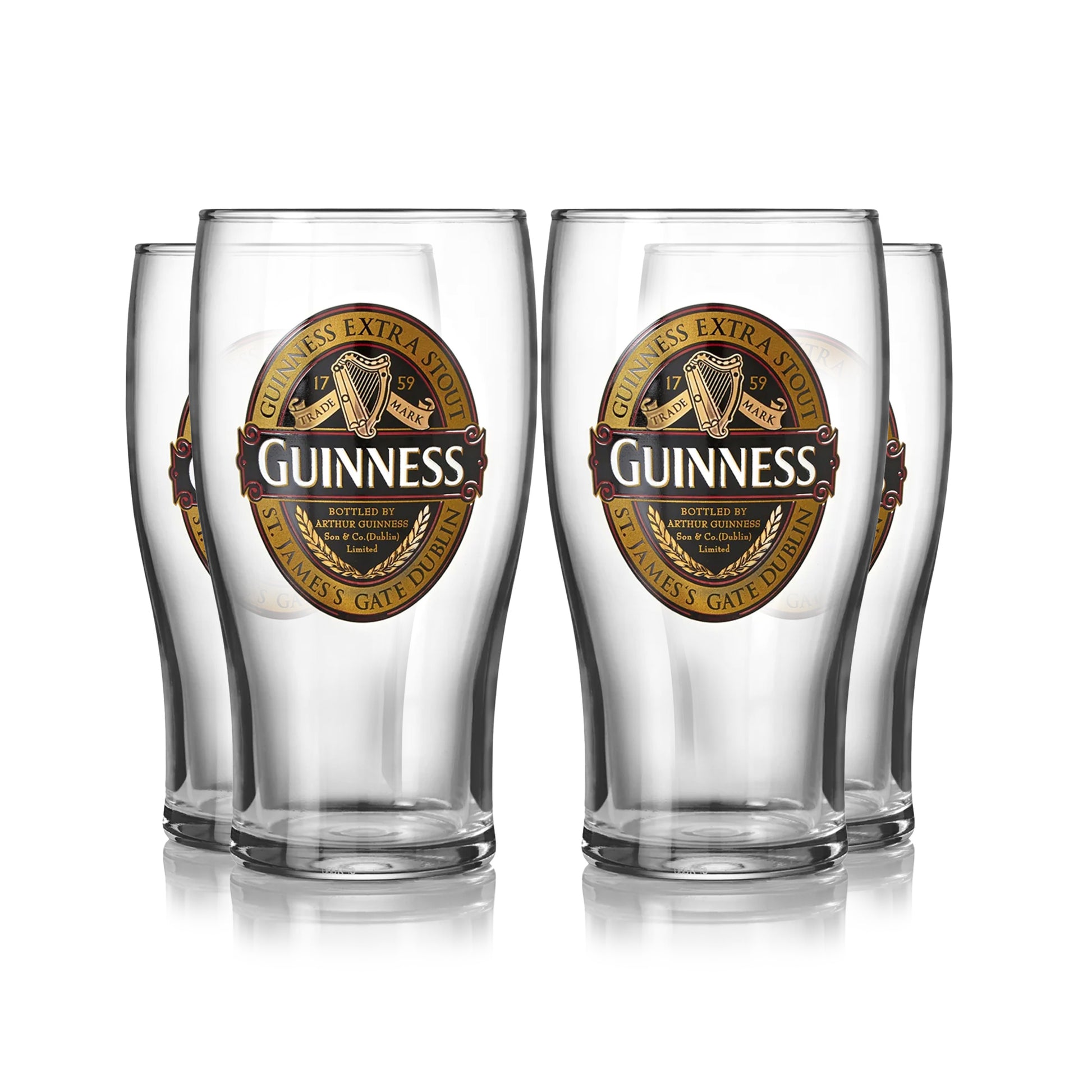 Four Guinness Classic Pint Glass 4 Pack on a white background.