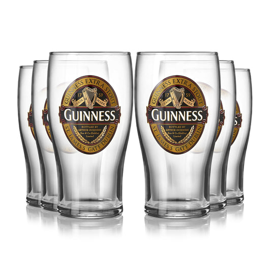Pack of six Guinness Classic Pint Glass 6 Packs on a white background.