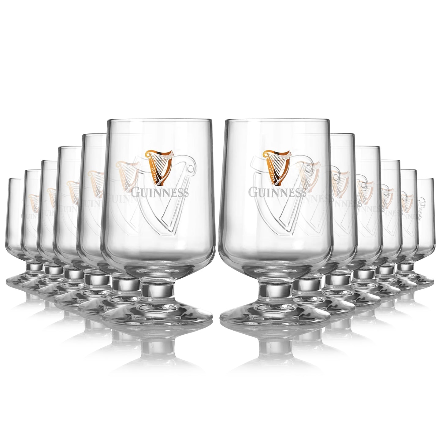 A set of Guinness Embossed Stem Glass 12 Pack with a Guinness logo on them.