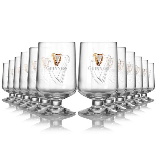 A set of Guinness Embossed Stem Glass 12 Pack with a Guinness logo on them.