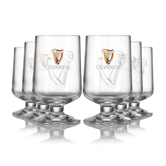Six Guinness Embossed Stem Glass 6 Pack glasses on a white background.
