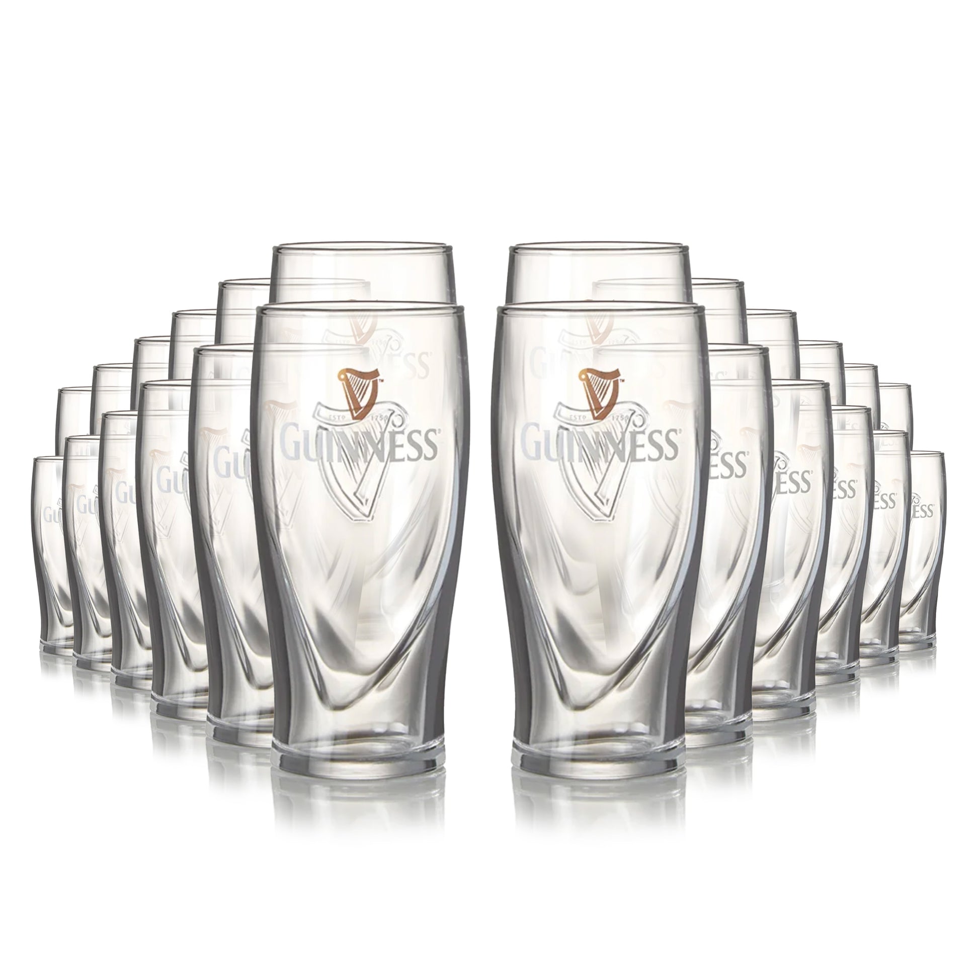 Guinness Half Pint Glass 24 Pack in a row on a white background.