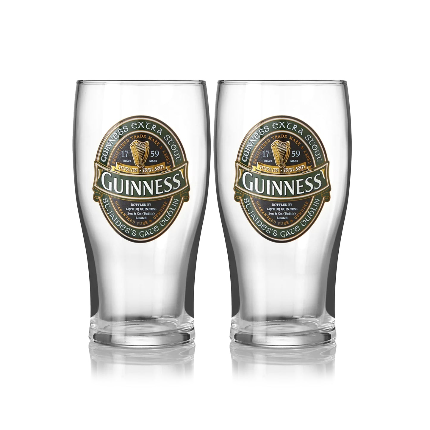 A pair of Guinness Ireland Collection pint glasses featuring the Extra Stout Label, placed on a crisp white background.