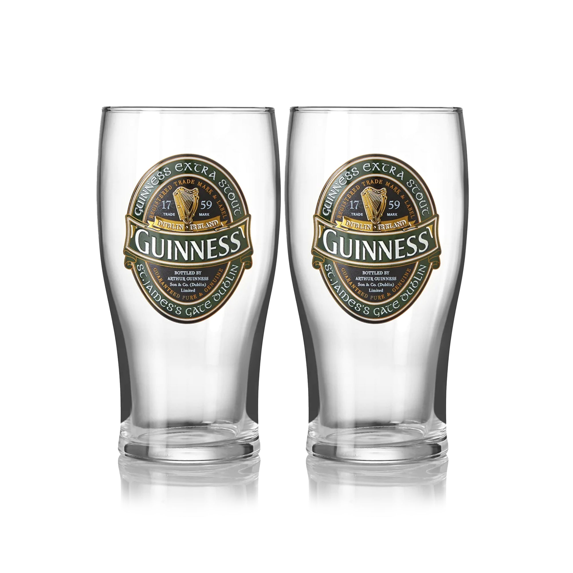 A pair of Guinness Ireland Collection pint glasses featuring the Extra Stout Label, placed on a crisp white background.
