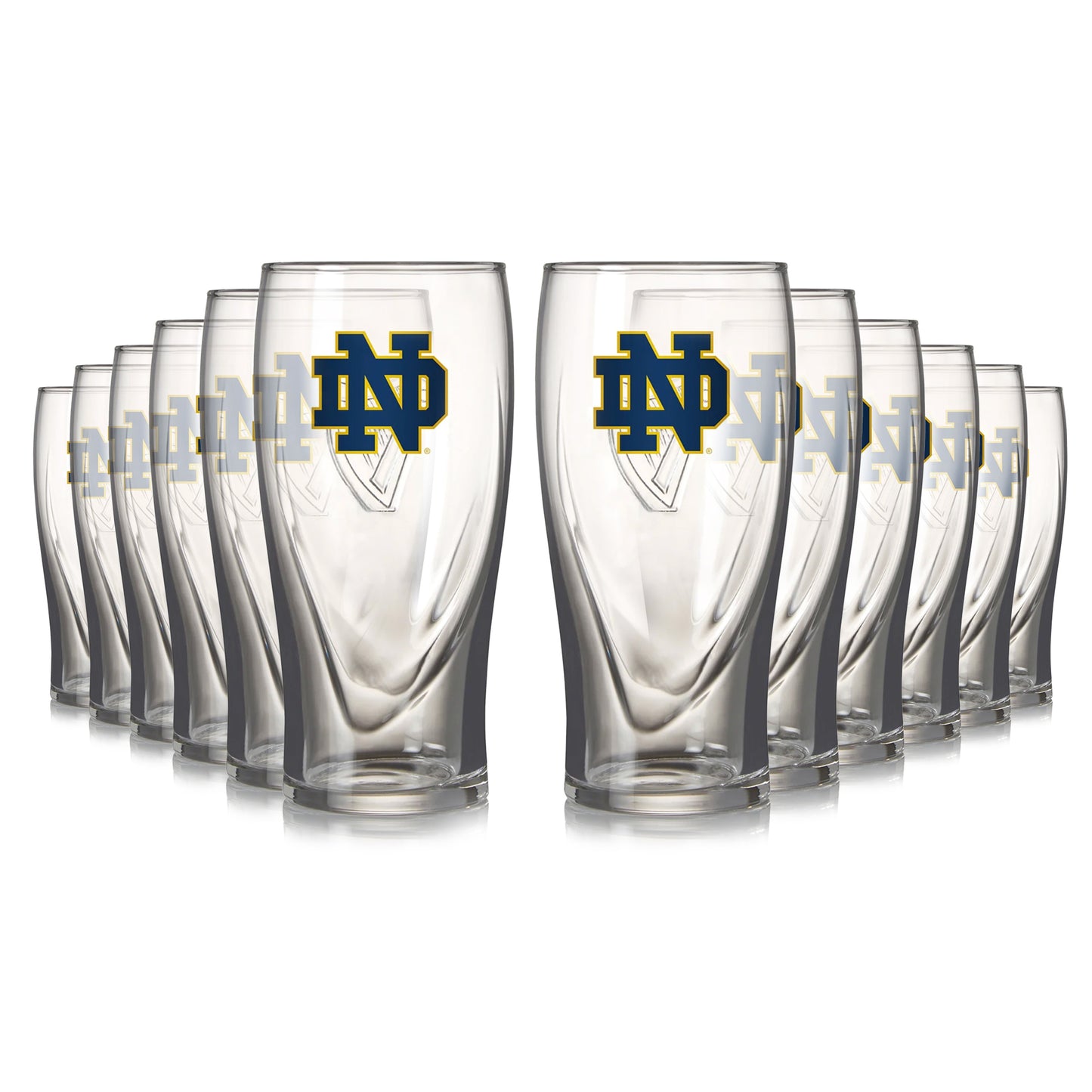 A 12-pack of Guinness Notre Dame 16oz pint glasses, each featuring a blue and gold logo, arranged in two rows.