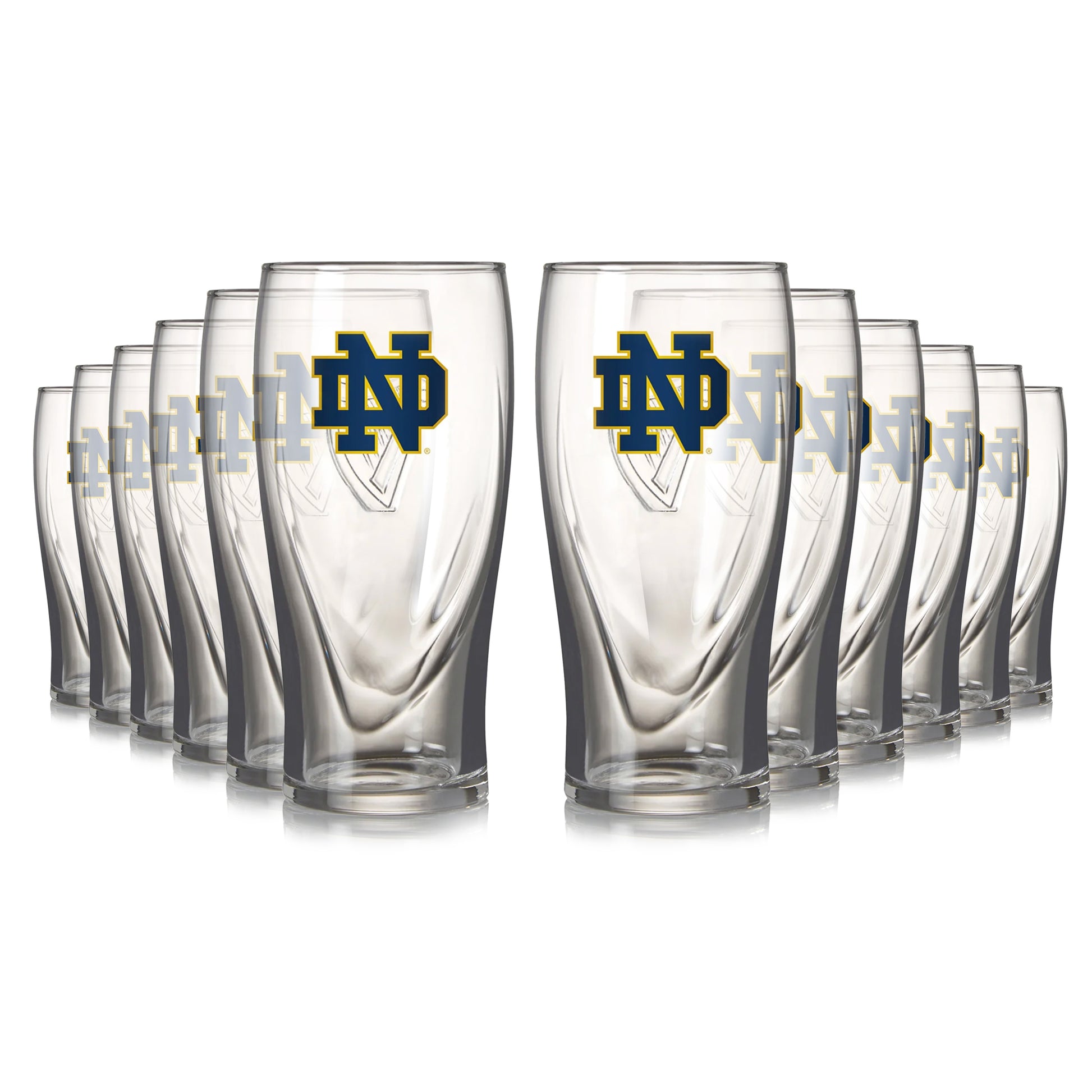 A 12-pack of Guinness Notre Dame 16oz pint glasses, each featuring a blue and gold logo, arranged in two rows.