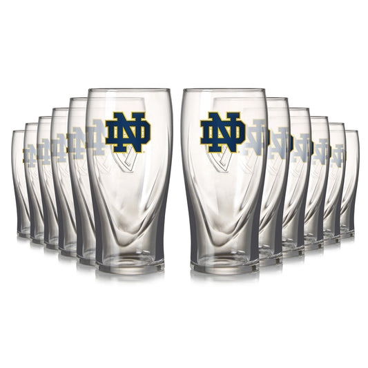 A set of Guinness Notre Dame 1OZ Pint Glass 12 Pack with a logo on them.