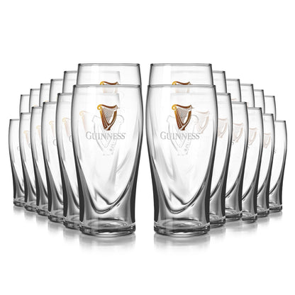 Eight personalized engraved Guinness Pint Glasses with embossed harp design on a white background have been replaced by the Guinness Pint Glass 24 Pack from the brand, Guinness.