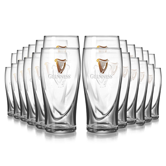 Eight personalized engraved Guinness Pint Glasses with embossed harp design on a white background have been replaced by the Guinness Pint Glass 24 Pack from the brand, Guinness.