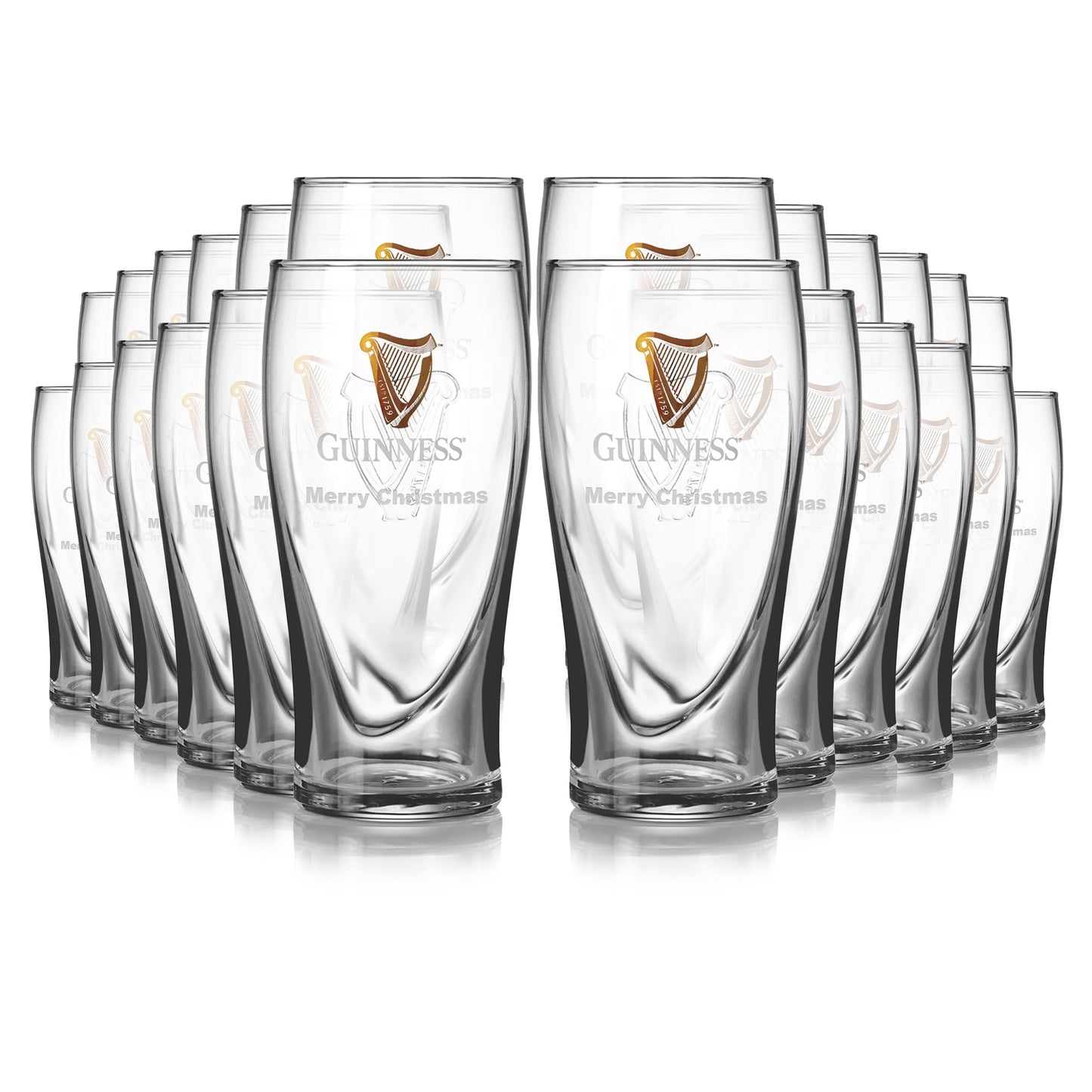A set of twenty Guinness Pint Glasses, etched with "Merry Christmas" and featuring the logo with an embossed harp, is arranged in neat rows.