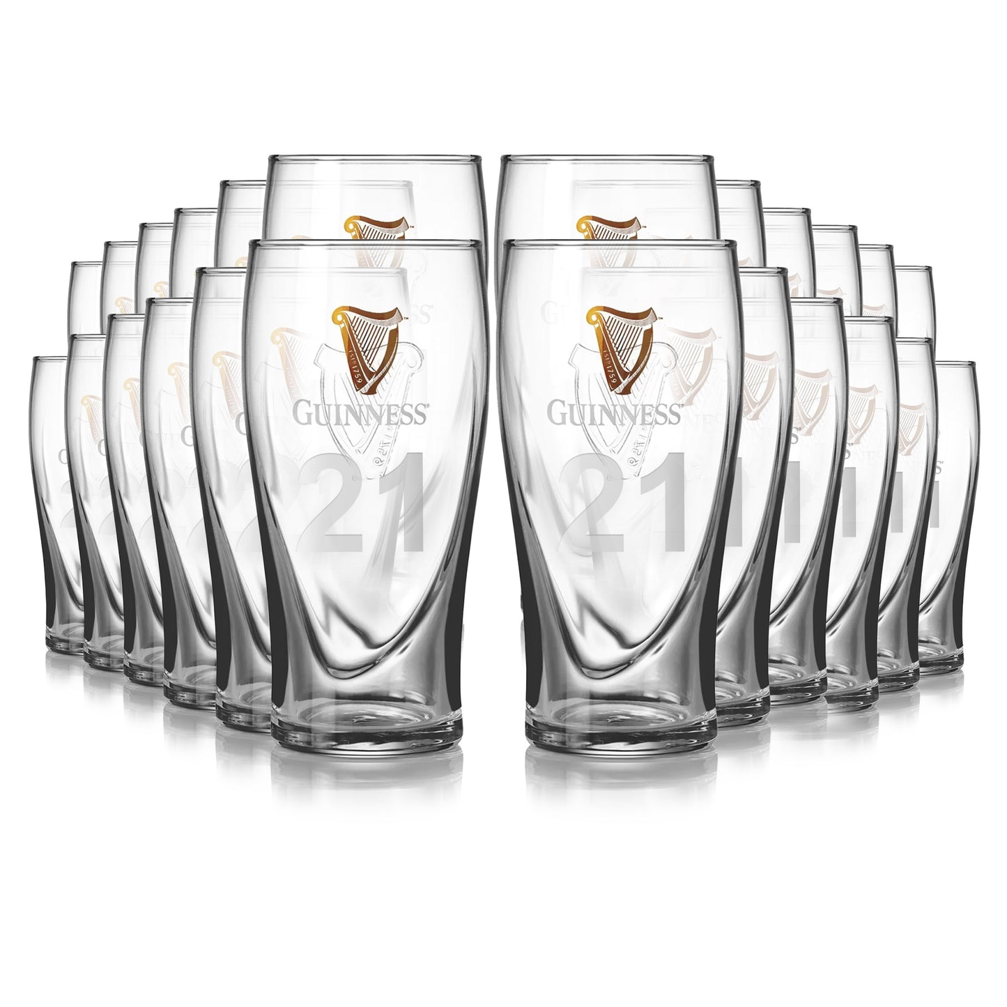 The Guinness Pint Glass 24 Pack includes clear glasses embossed with a gold harp logo and '21', ideal for celebrations or as a personalized gift with optional engraving.