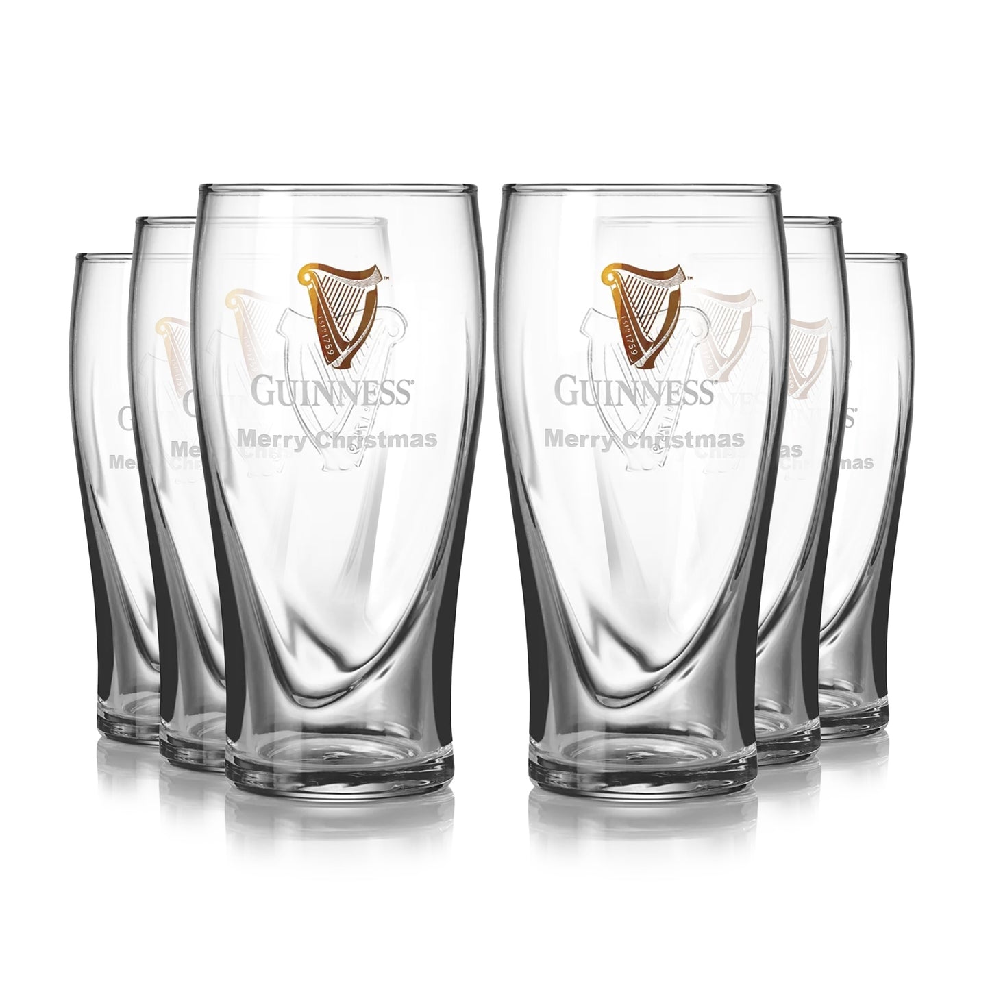 The Guinness Pint Glass 6 Pack features six clear glasses with the logo and "Merry Christmas" text.