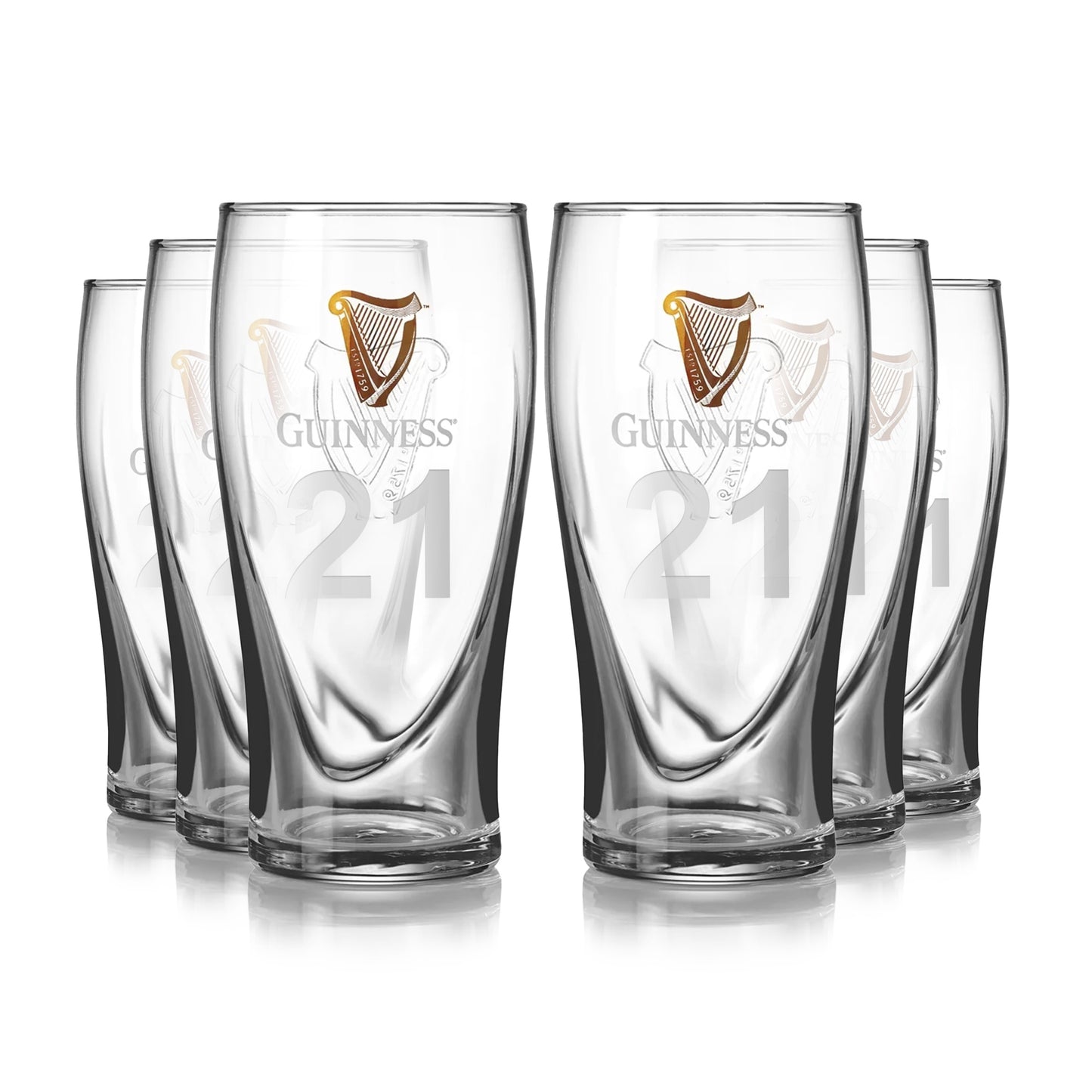 Six Guinness Pint Glasses with the harp logo, each featuring the number 21.