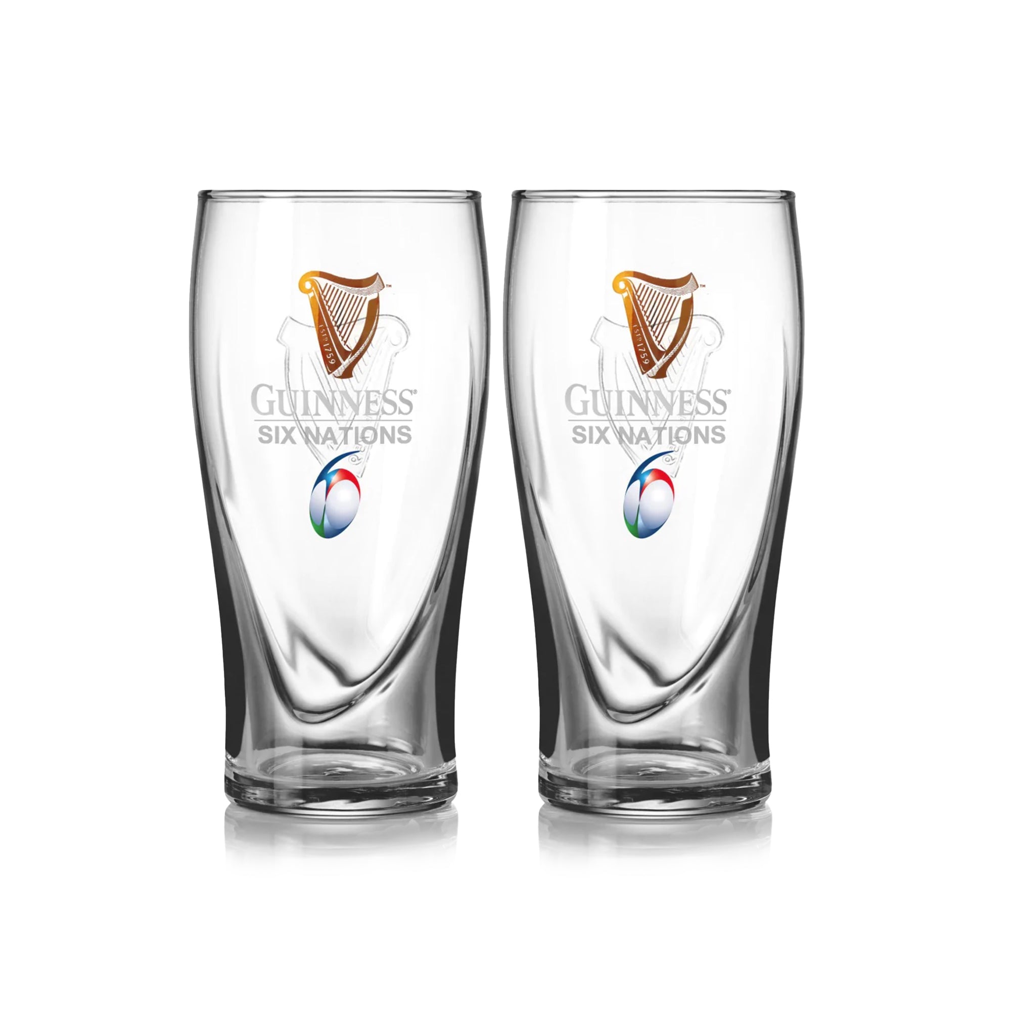 The Guinness Six Nations Pint Glass - 2 Pack from Guinness Webstore US features two clear pint glasses with the official logo and Six Nations Rugby branding—ideal for enhancing your rugby viewing experience.