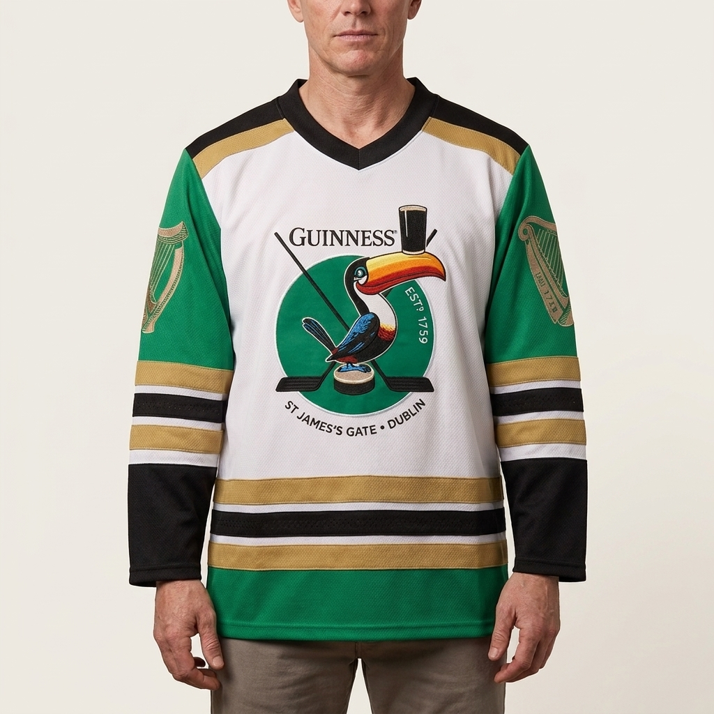 A man is wearing the Guinness Toucan Hockey Jersey by Guinness, a sustainable hockey jersey in green, black, and white. It features a design with a pint of beer and crossed hockey sticks on the chest and is crafted from recycled polyester, combining iconic style with eco-friendly materials.