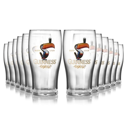 Six Guinness Toucan Pint Glass 12 Packs, featuring the iconic Guinness toucan design, displayed on a clean white background.