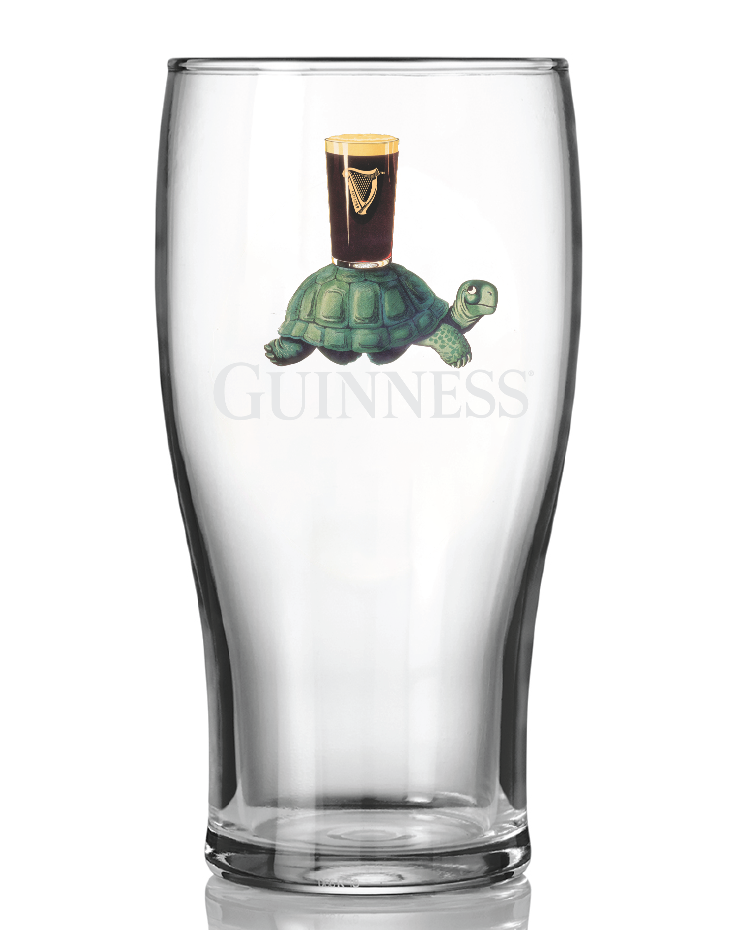 The Guinness Gilroy Tortoise Pint Glass from Guinness Webstore US features the iconic tortoise with a pint on its shell and "Guinness" below—a perfect addition to any Guinness collection.