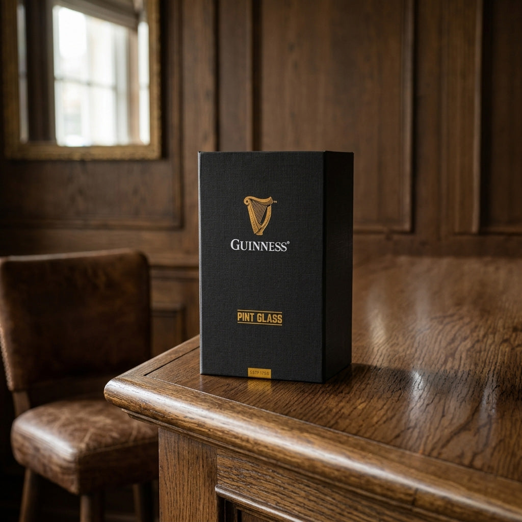 A Guinness Pint Glass Luxury Gift Box from Guinness Webstore US rests on a wooden table in a room featuring brown wood paneling, a chair, and a window in the background.