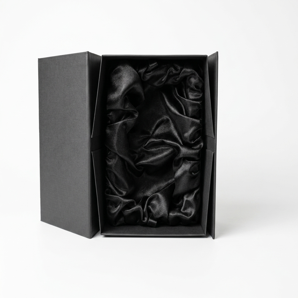 The Guinness Pint Glass Luxury Gift Box from Guinness Webstore US features open sides that showcase an interior lined with glossy black satin, all beautifully presented against a plain white background.