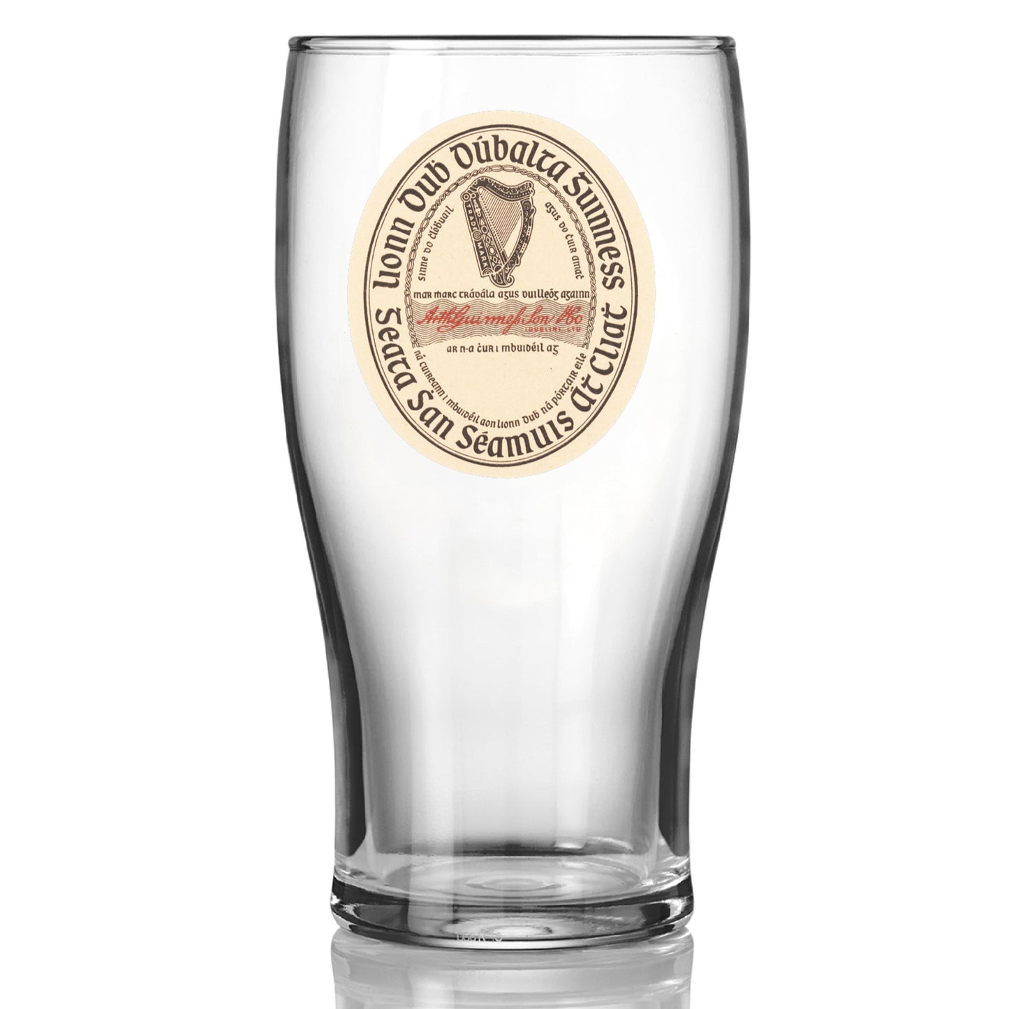The Guinness Vintage Label Pint Glass from Guinness Webstore US features a clear pint design with a vintage Guinness label printed on the front.