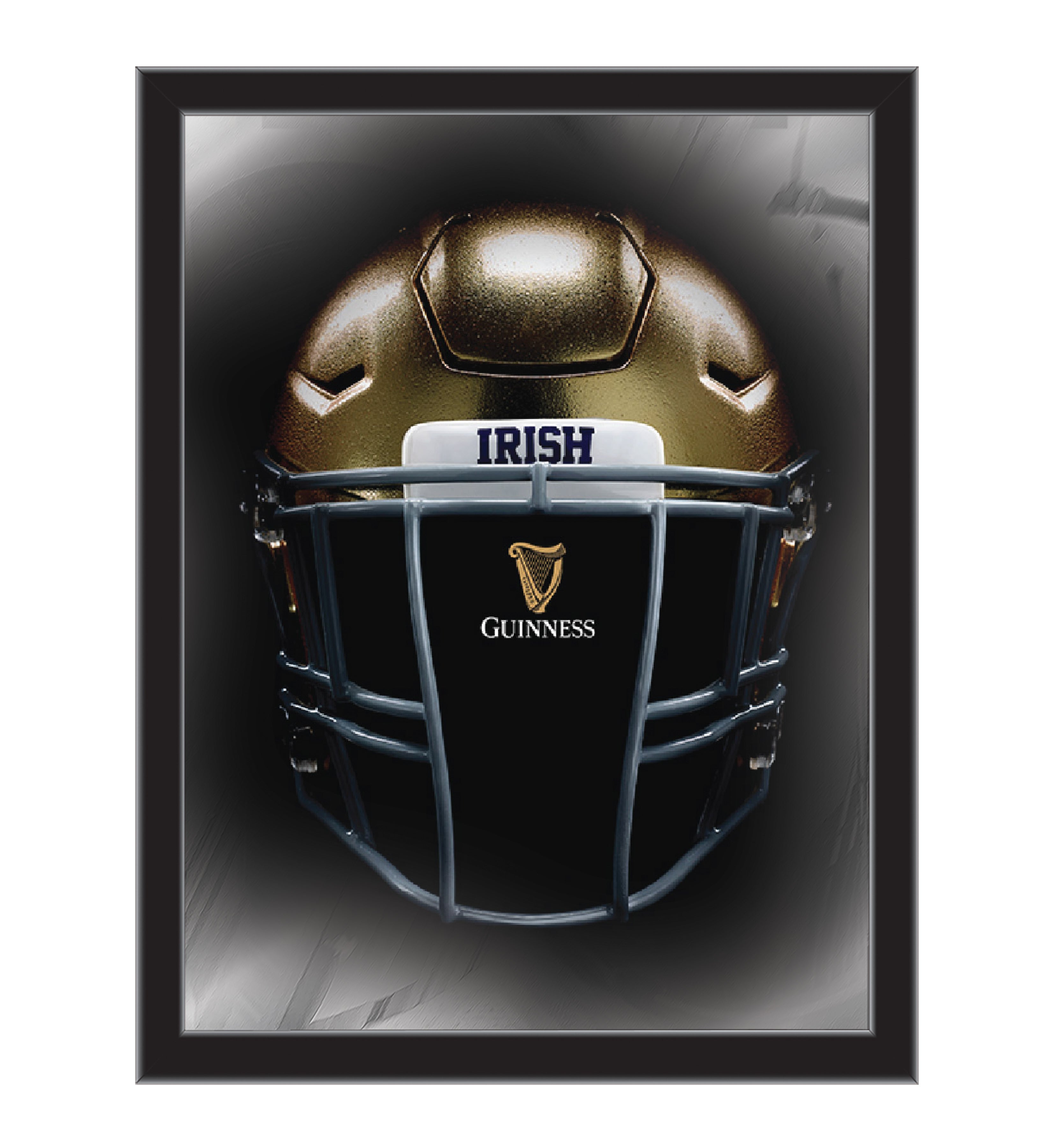 The Guinness Notre Dame Helmet Canvas Wall Art features a gold and black football helmet with “IRISH” and “Guinness” logos, creating bold, officially licensed decor for any fan.