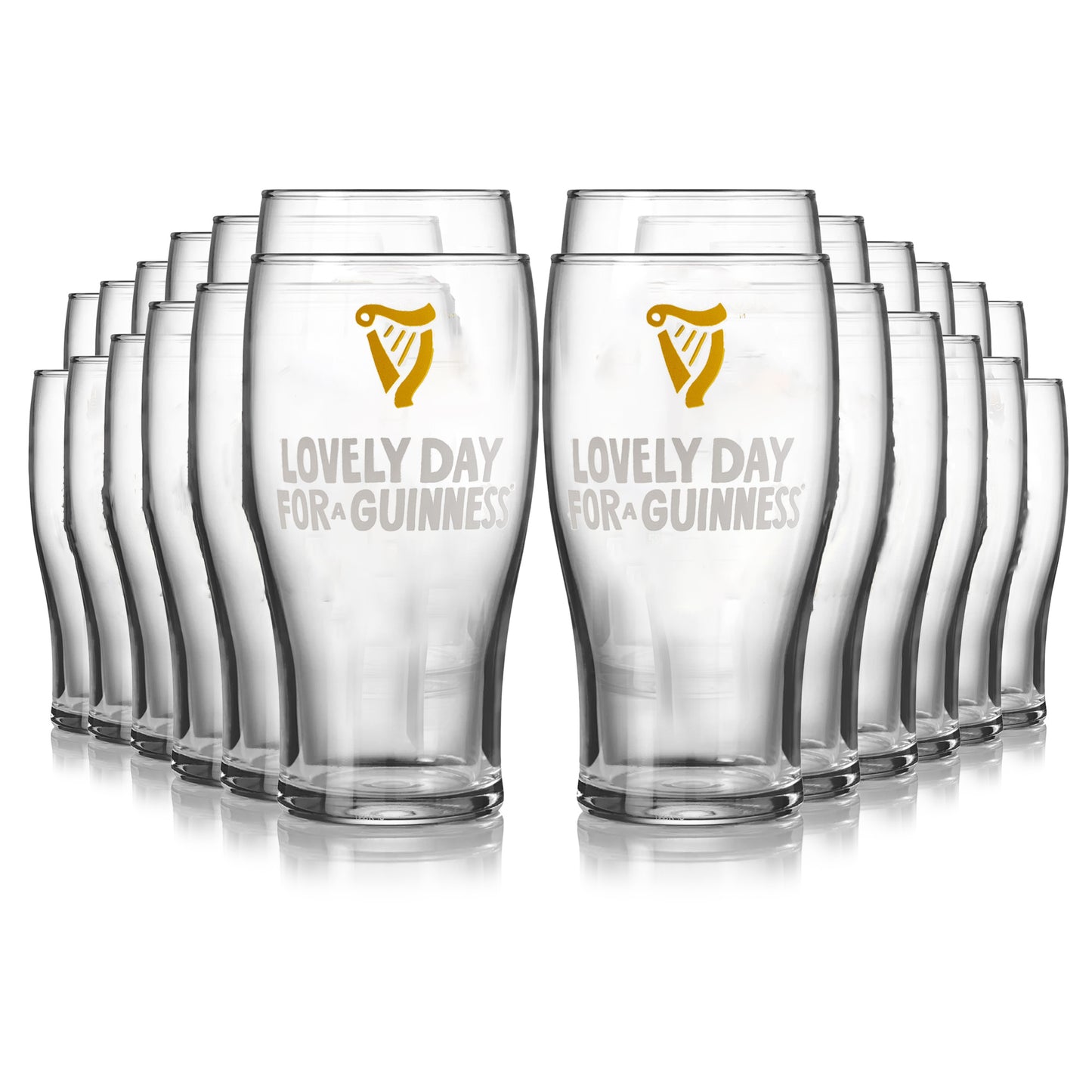 A 24-pack of Guinness Seb Curi Lovely Day Pint Glasses from Guinness Webstore US, featuring the "Lovely Day For A Guinness" design and iconic harp logo in gold and white on the front.