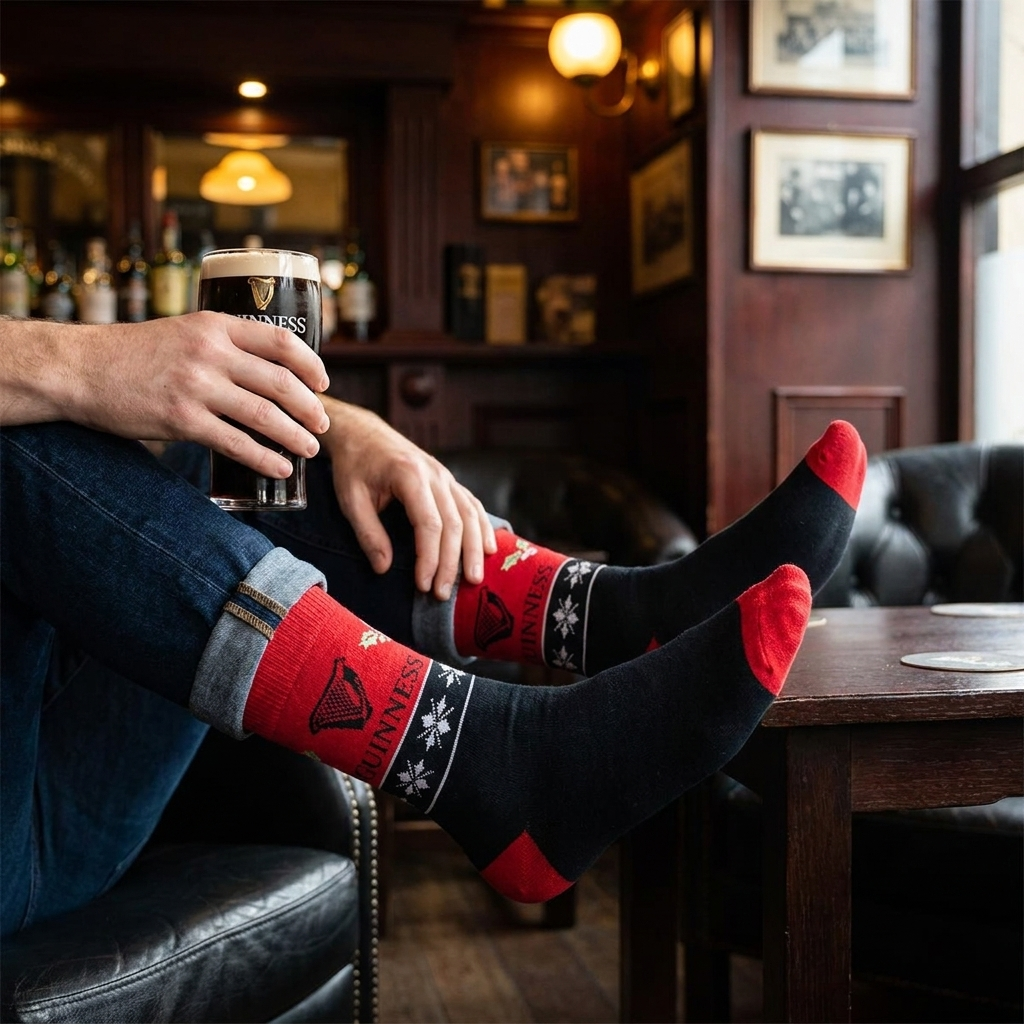 A person wears red and black Guinness Harp & Holly Holiday Socks with harp graphics and snowflake patterns while sitting in a pub with a glass of stout.