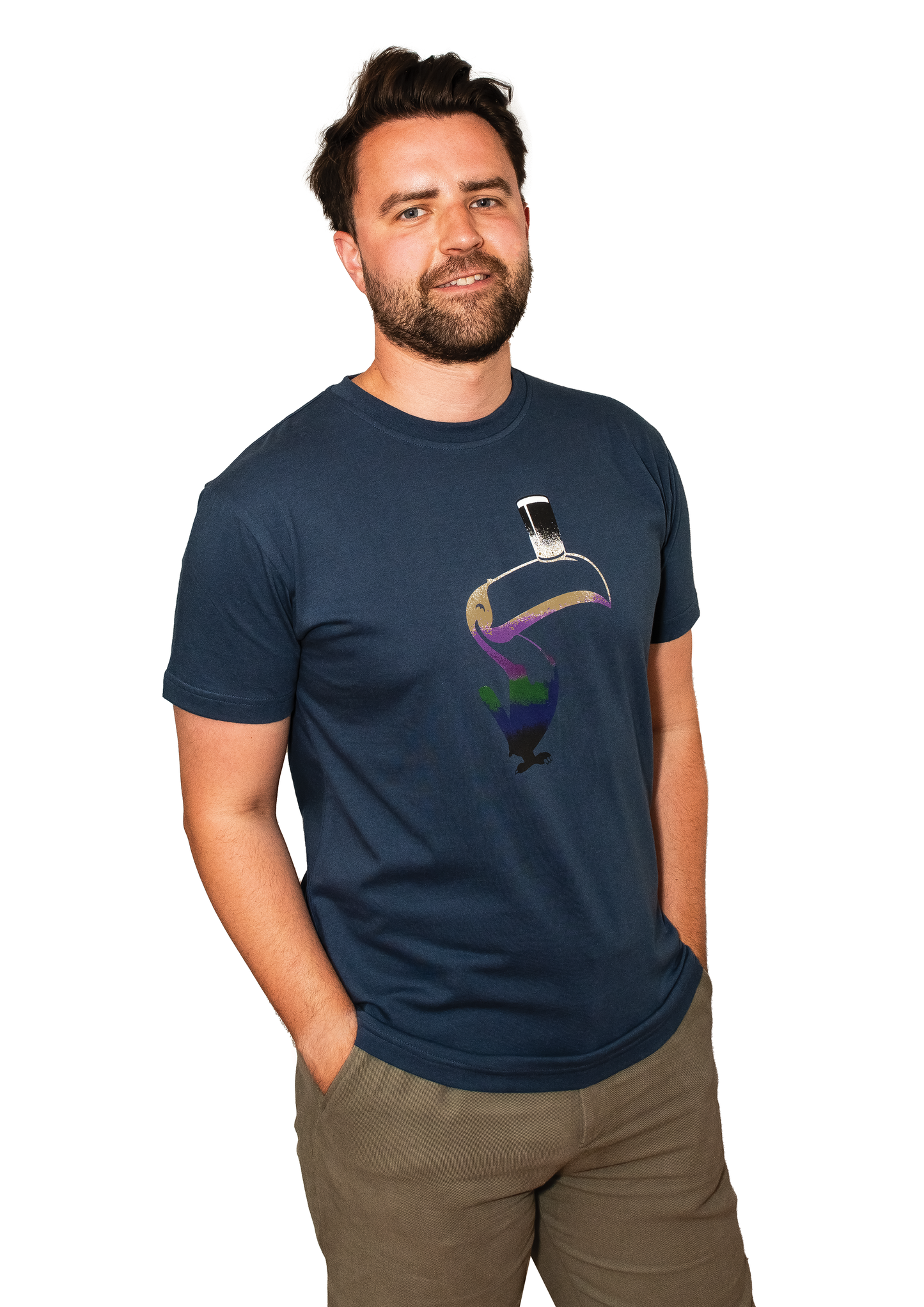 A man wearing a Guinness Liquid Toucan Tee - Blue.