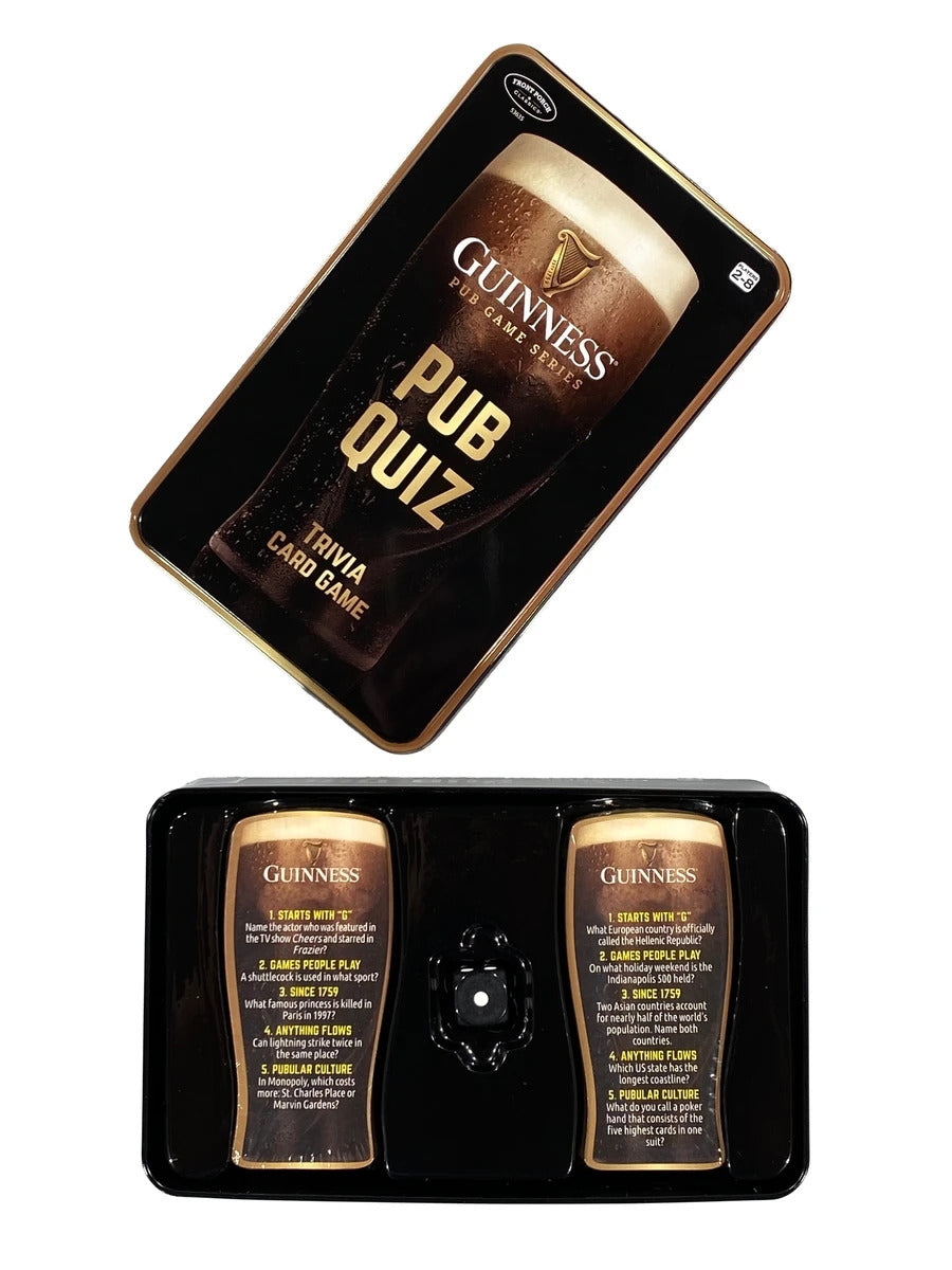 A tin of Guinness Pub Quiz Trivia Card Game in a black box.
