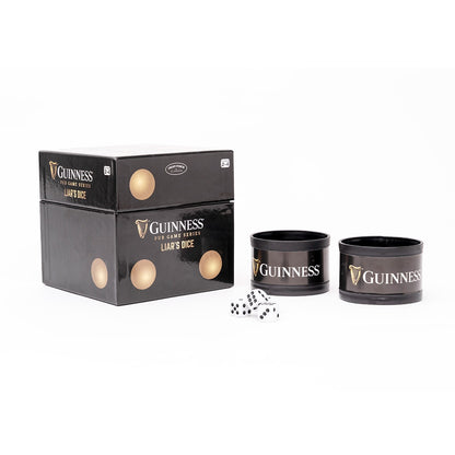This Guinness Liar's Dice set with a box and dice is perfect for playing Liar's Dice, a game of bluffing strategy.