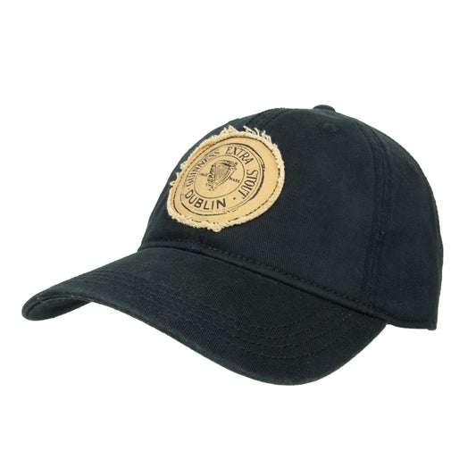 A black Guinness Extra Stout Label Baseball Cap adorned with a brown Guinness patch.