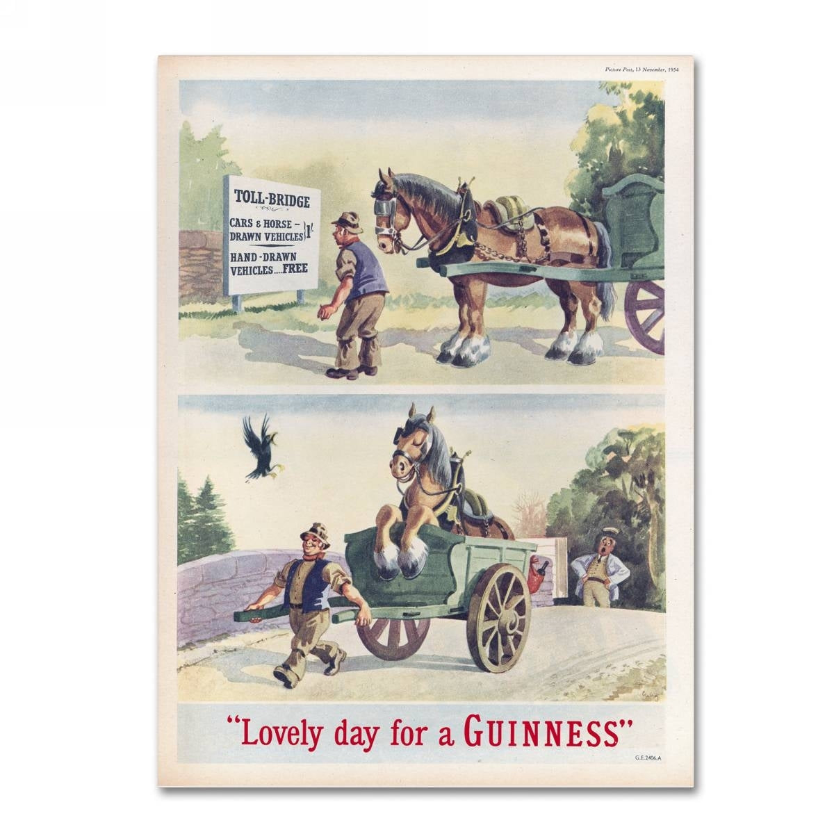 A brewery poster featuring the Guinness Brewery 'Lovely Day For A Guinness XI' Canvas Art with a horse pulling a cart.