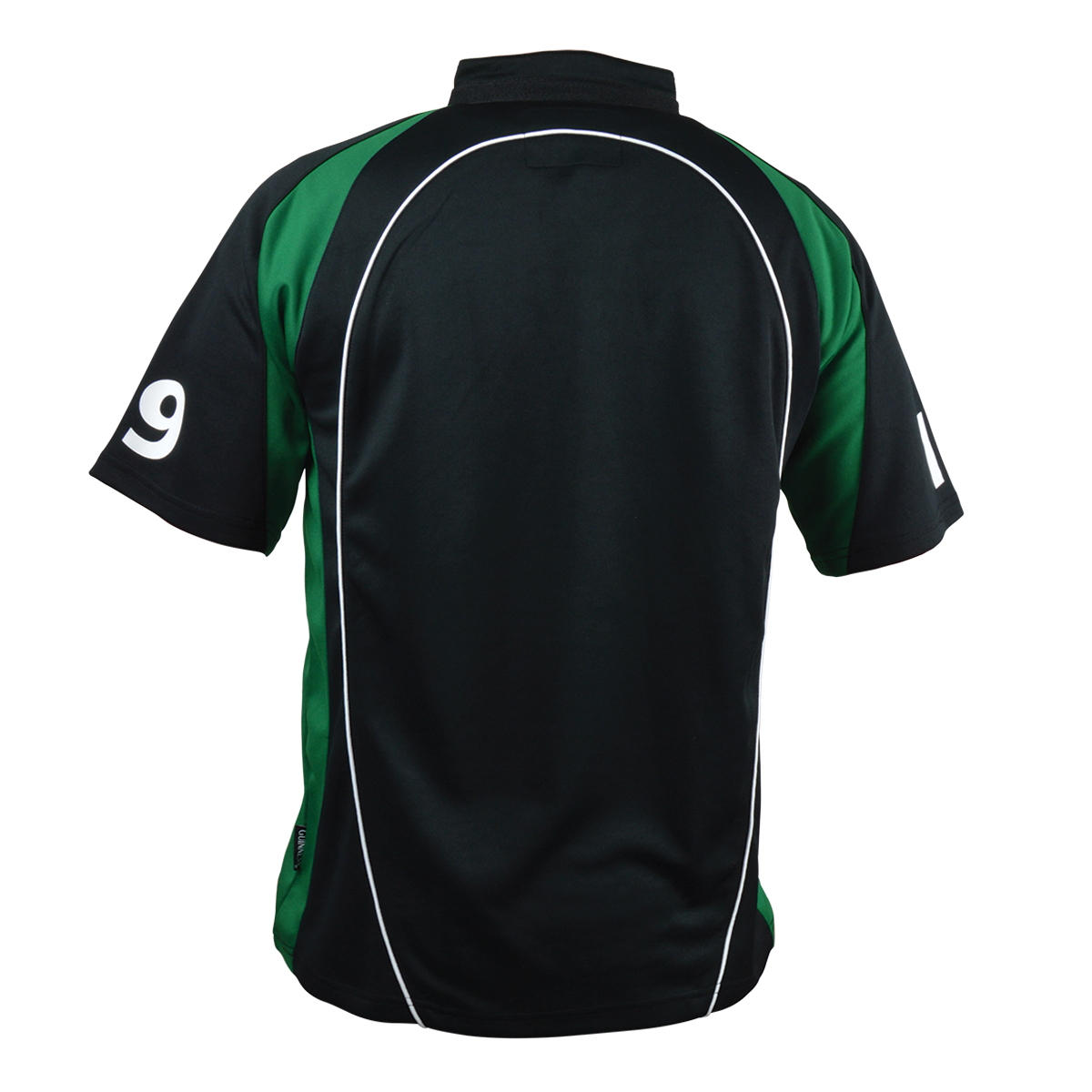 The back of a black and green Guinness Short Sleeve Performance Rugby Jersey.