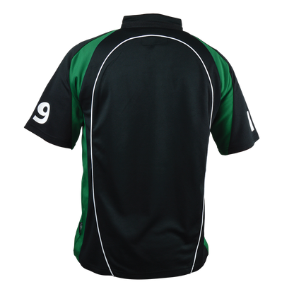 The back of a black and green Guinness Short Sleeve Performance Rugby Jersey.