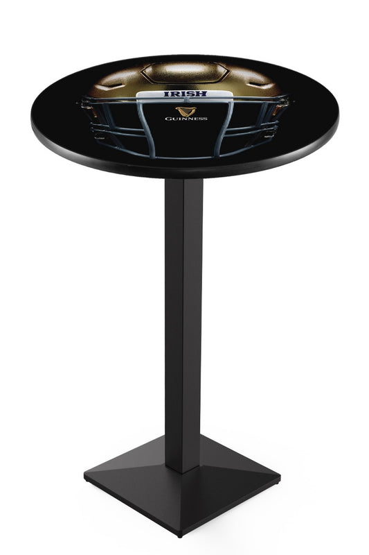 This Guinness Notre Dame Helmet Pub Table with Square Base showcases an image of a Notre Dame helmet on its black surface.