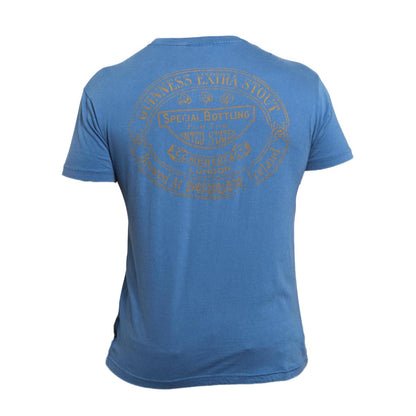 The back of a Guinness Trademark Label T-Shirt Blue with a Guinness logo on it.