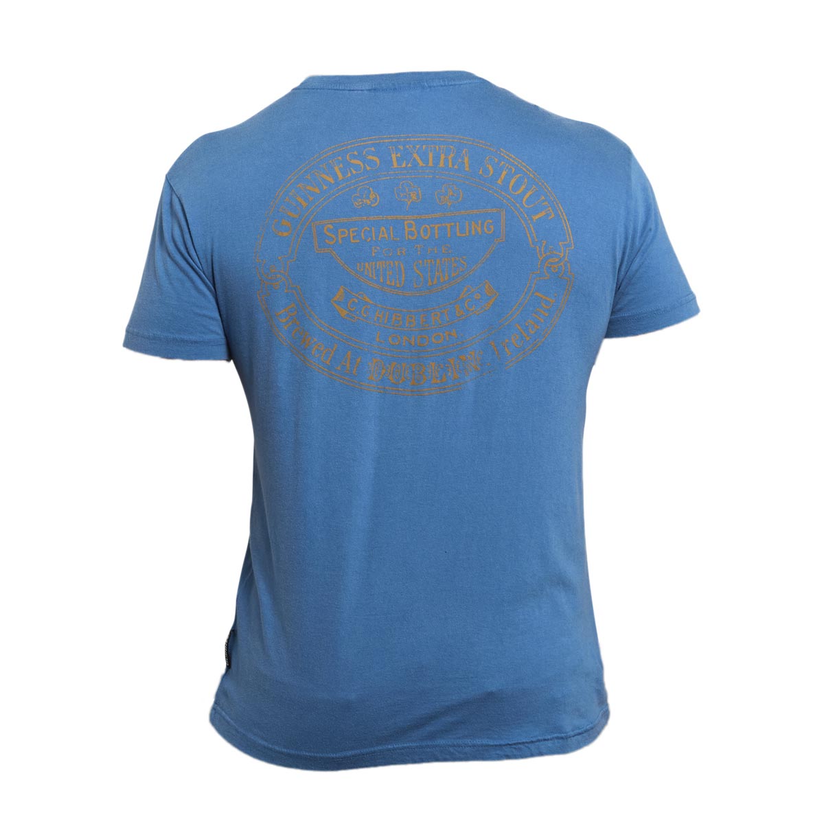 Blue Guinness Harp Premium Tee by Guinness, a short-sleeve unisex t-shirt with a faded brown circular graphic on the back featuring the text "Guinness Extra Stout," perfect for those looking for a vintage t-shirt.
