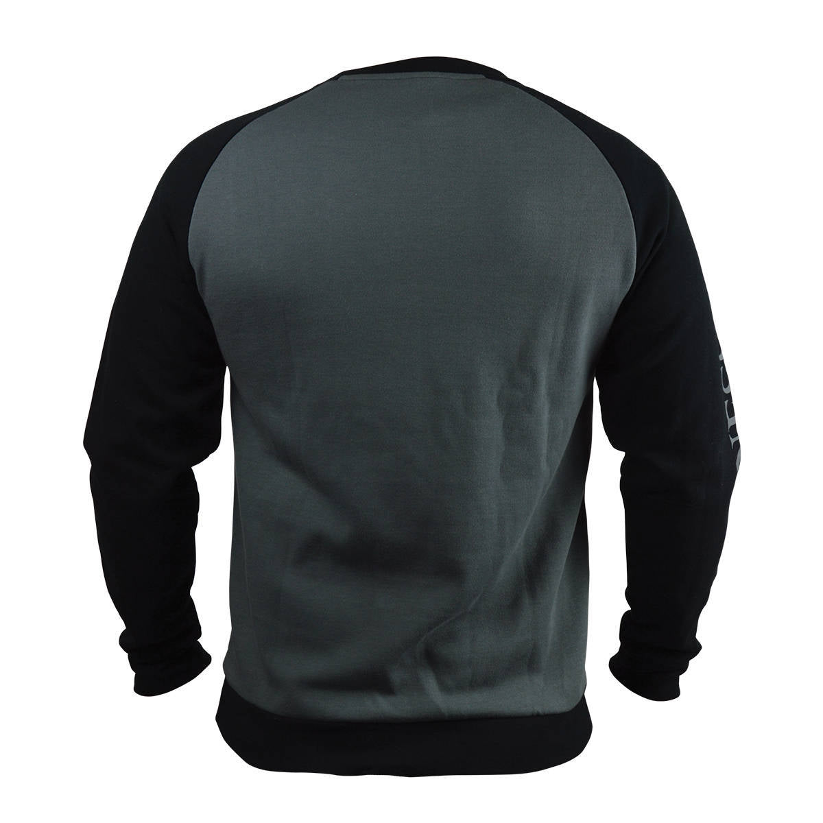 The unisex back view of a man wearing a Guinness Long Sleeve Sweater, which is a mid-weight grey and black sweatshirt.