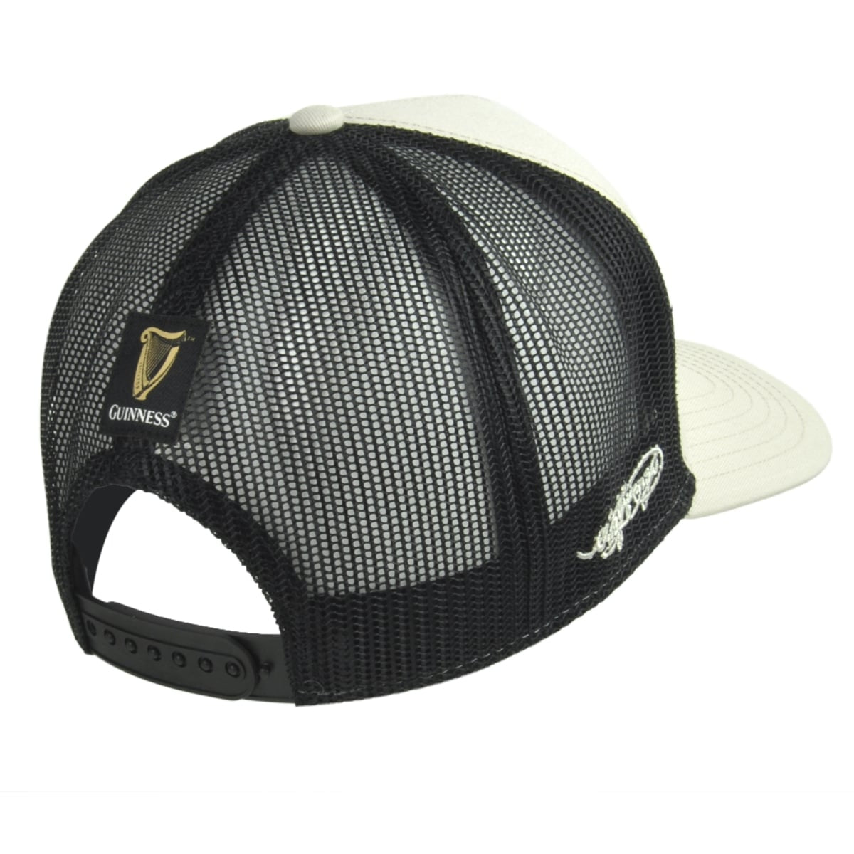 A black baseball hat with a Guinness Premium Beige & Black Harp Hat logo on it.