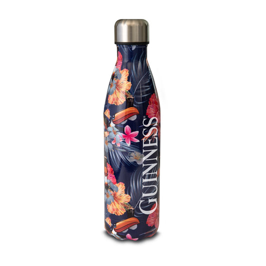 A floral-patterned Guinness Toucan Hawaiian Water Bottle with a metallic cap, isolated on a white background.