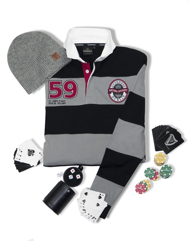 A black and grey polo shirt, Guinness® Dice Cup Set, and a beanie for game night.