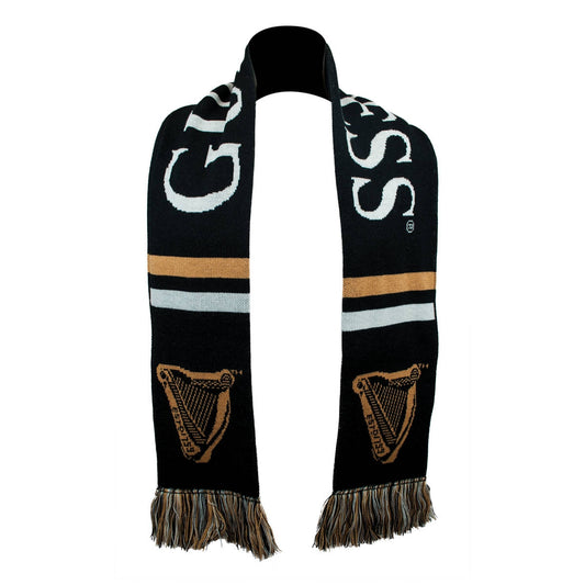 A Guinness Sports Scarf, perfect for autumn/winter and featuring a harp print.