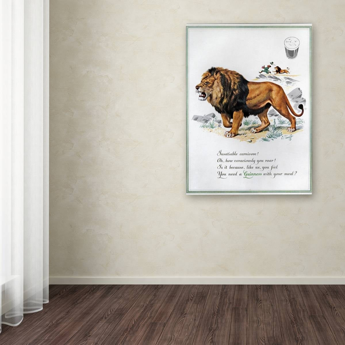 A vintage advertisement of a Guinness lion in a room, perfect for Guinness Brewery 'Guinness Lion' Canvas Art.