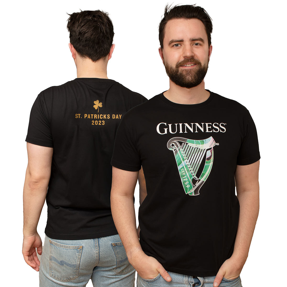A man wearing a St. Patrick's Day Limited Edition black t-shirt with a Guinness harp on it.