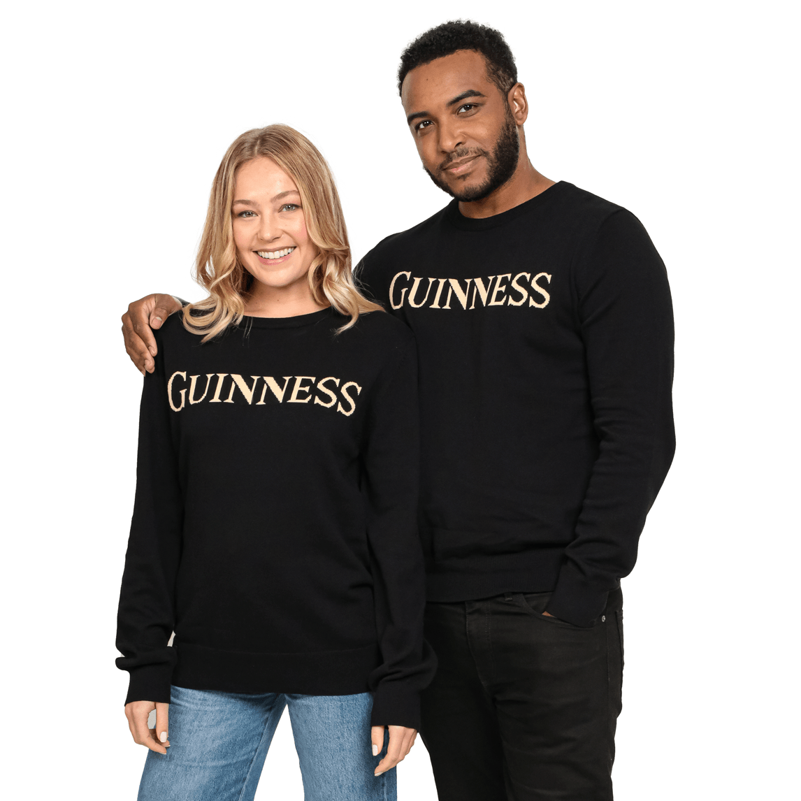 A man and woman wearing Guinness 100% Organic Cotton Jumpers.