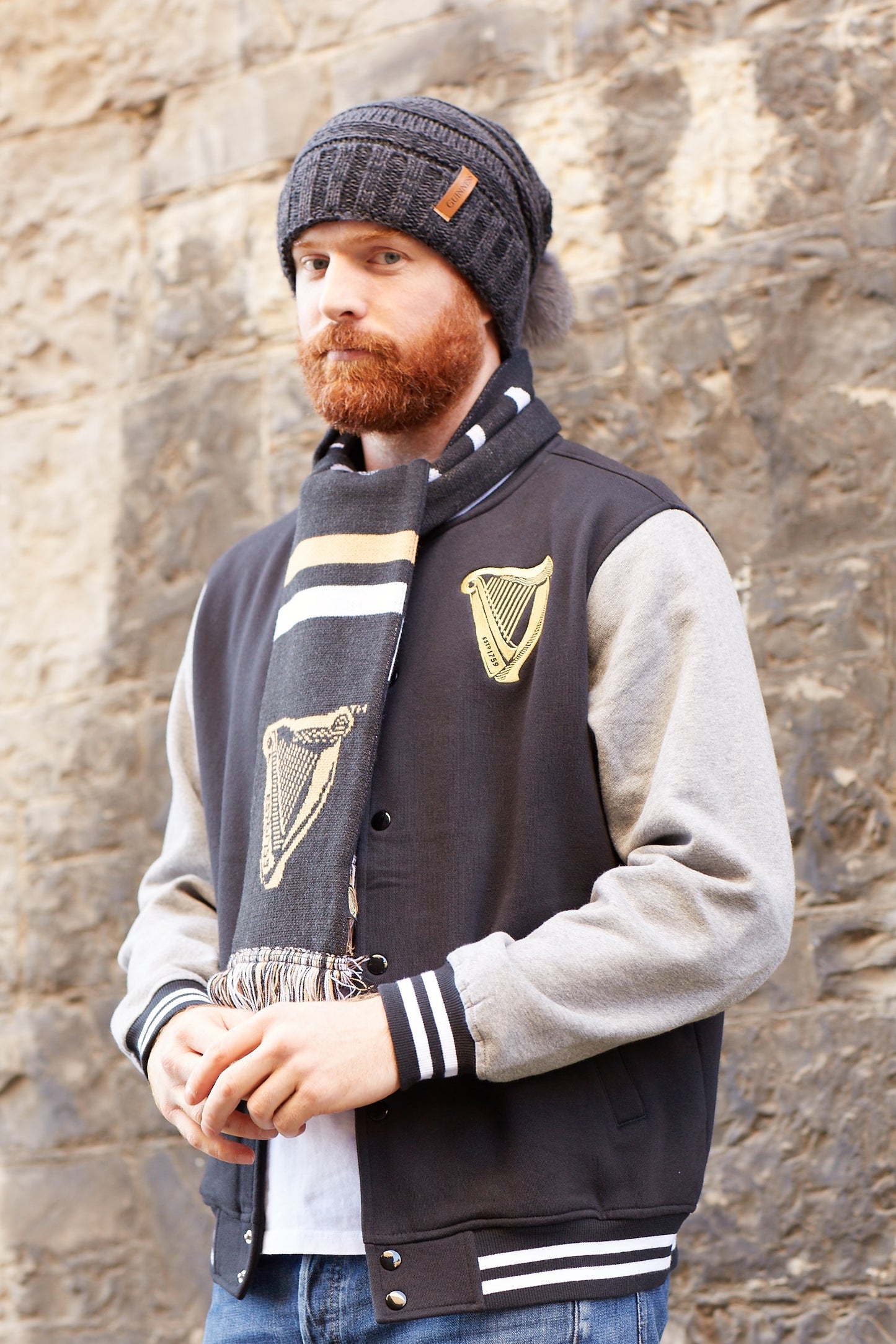 Guinness Dark Grey Slouchy Bauble Beanie with Brown Leather Patch