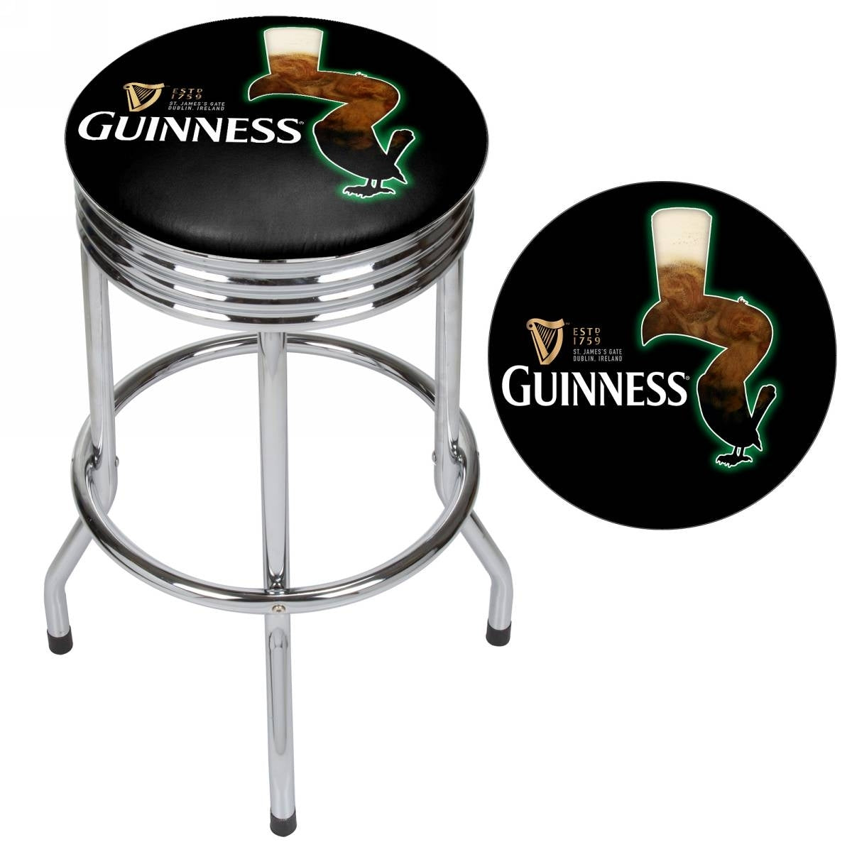Guinness Chrome Ribbed Bar Stool - Feathering featuring the iconic Guinness Toucan.