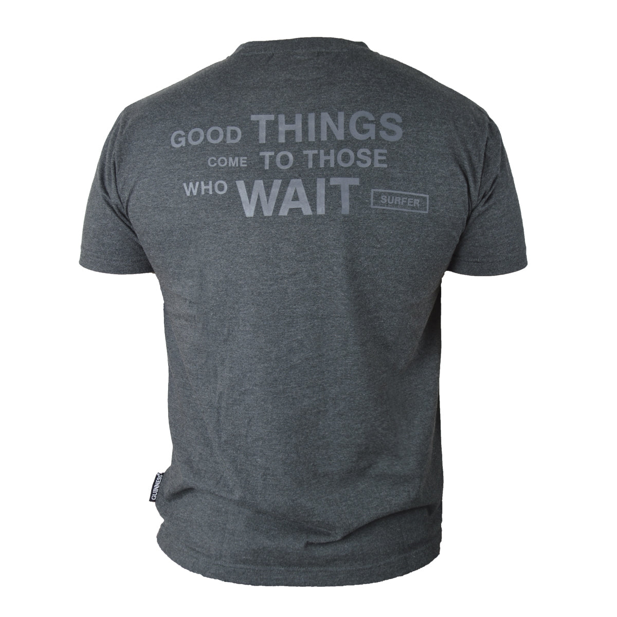 A durable Guinness Surf Tee made from a cotton blend fabric that says "Good things come to those who wait.
