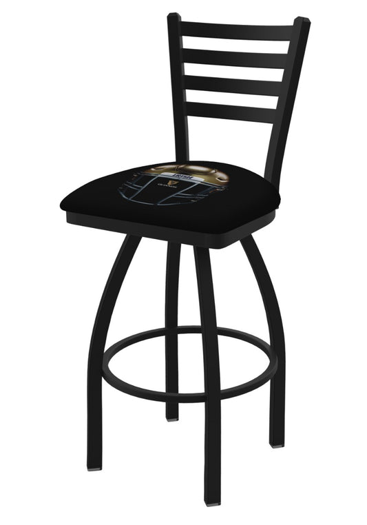A black Guinness swivel bar stool with a logo on it featuring a Notre Dame helmet.